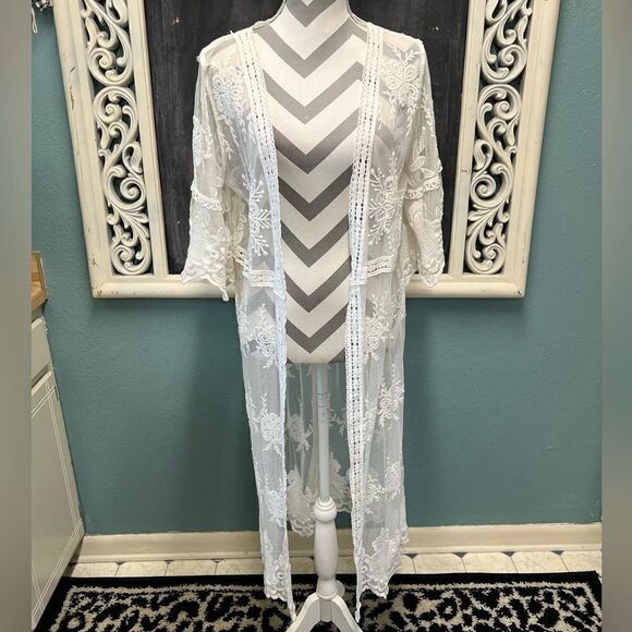 Rachel White Lace Boho Longline open Cardigan Duster - Picture 1 of 9